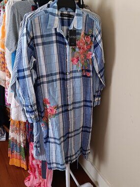 NWT Ralph Lauren 100% Linen Blue White Plaid w/ Flower Applique Preppy Dress 6P